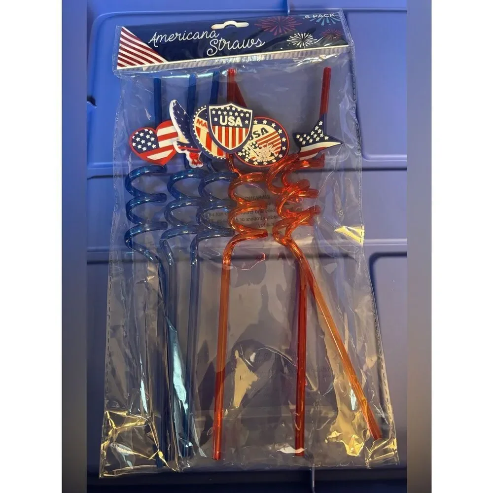 New Americana Straws Patriotic Spiral Drink Straws - Red & Blue USA Flags 6 pc